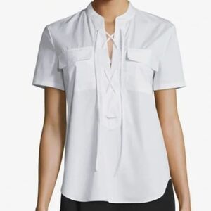 Theory‎ White Short Sleeve Lace Up Collar Pocket Shirt Top Size S